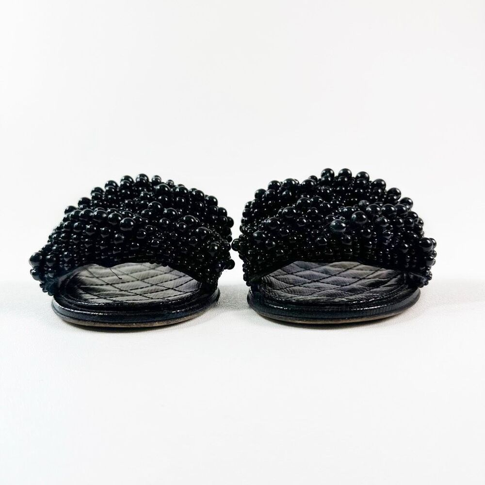 CHANEL Black Fantasy Pearl Cord Sandals Size 37 Mules Open Toe Slides CC Flat - Picture 5 of 12